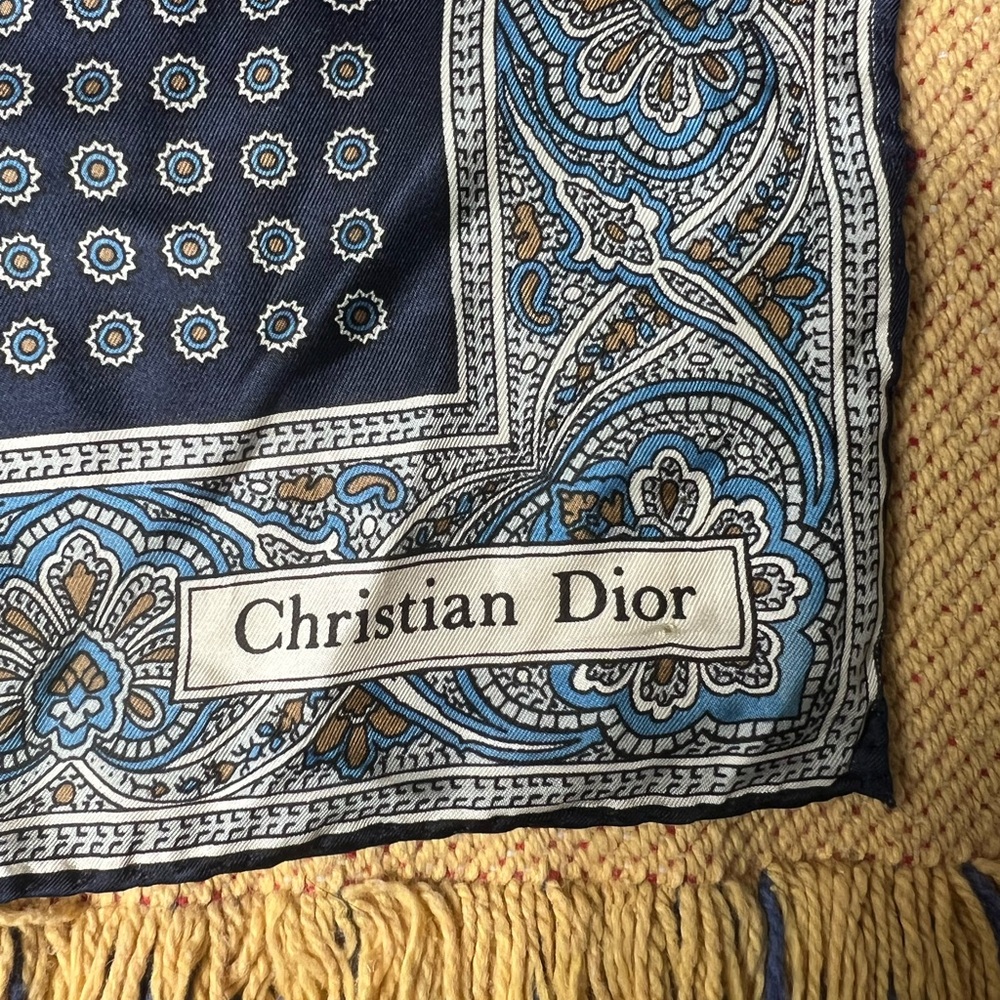 Christian Dior Navy Blue and Cream Patterned Silk Scarf - Picture 3 of 8